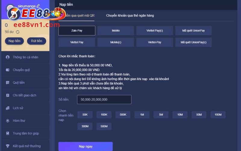 Các bước nạp tiền EE88